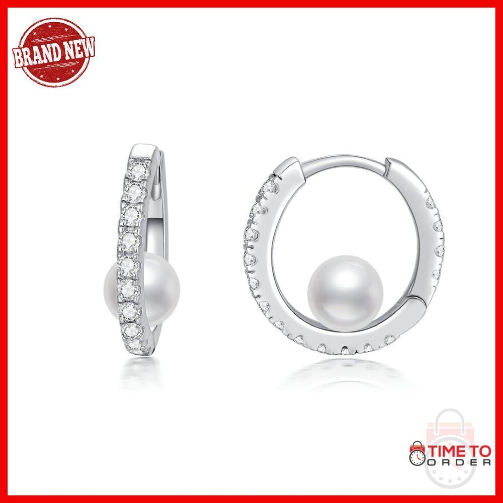 Sterling Silver Hoop Earrings with Pearl and Moissanite Halo Setting